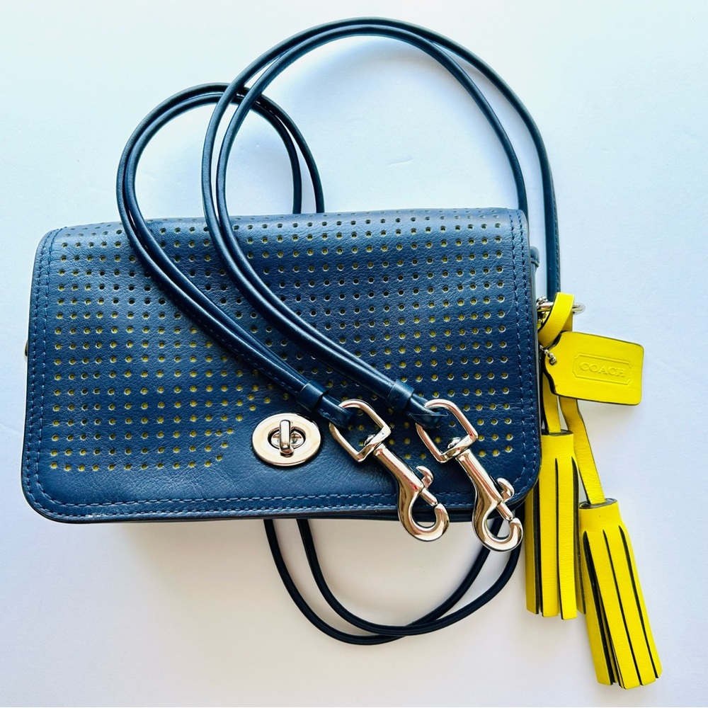 Coach Perforated Legacy Penny (Dinky) bag in Navy/Bright Citrine & silver #22387